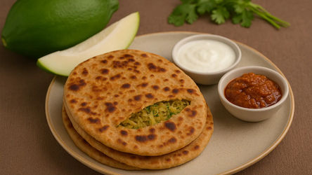 ताज़ा हरे कच्चे पपीते और कद्दूकस की हुई स्टफिंग के साथ परोसा गया देसी घी में सिका हुआ स्वादिष्ट Raw Papaya Stuffed Paratha, दही और अचार के साथ।