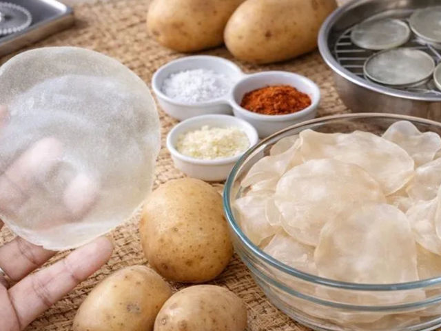 घर पर बने आलू और मैदे के पापड़, जिनमें आलू, मैदा, मसाले और पापड़ बनाने के टूल्स दिखाए गए हैं