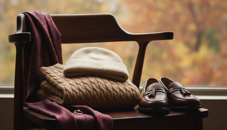 Close-up of folded wool knitwear, leather loafers, and a silk scarf on a wooden chair.