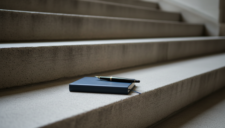 Wide-angle view of a stone courthouse staircase with a closed notebook resting on one step.