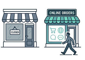 Ilustración de dos tiendas: una cerrada y otra en auge con “Pedidos online”