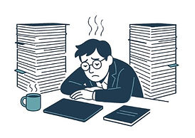 Ilustración de un trabajador cansado enterrado bajo montones de papeles