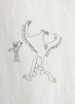 child's drawing of a rapper and beaked creature