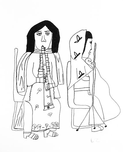 drawing of a girl wearing headscarf and playing the cello and a girl playing clarinet