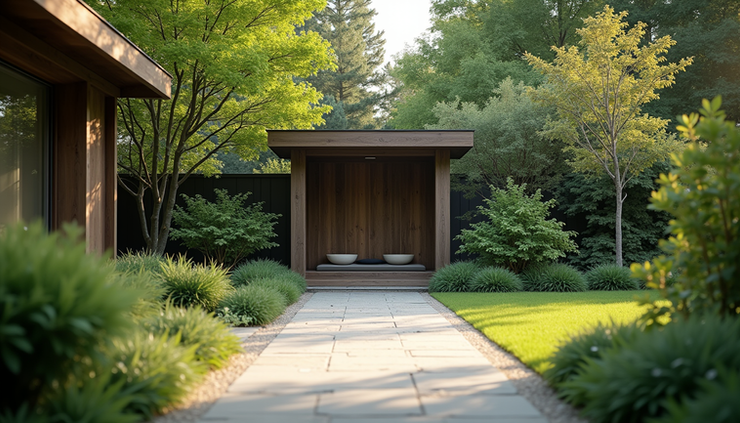 Augenblickaufnahme eines ruhigen Gartens mit einem kleinen, geschützten Platz für Meditation und Selbstreflexion