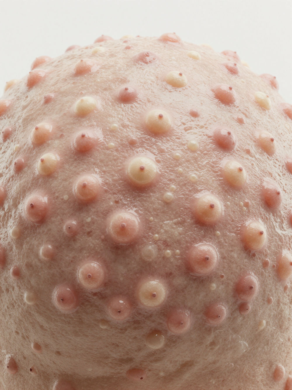Close-up of pale skin covered in numerous small, raised pinkish bumps.