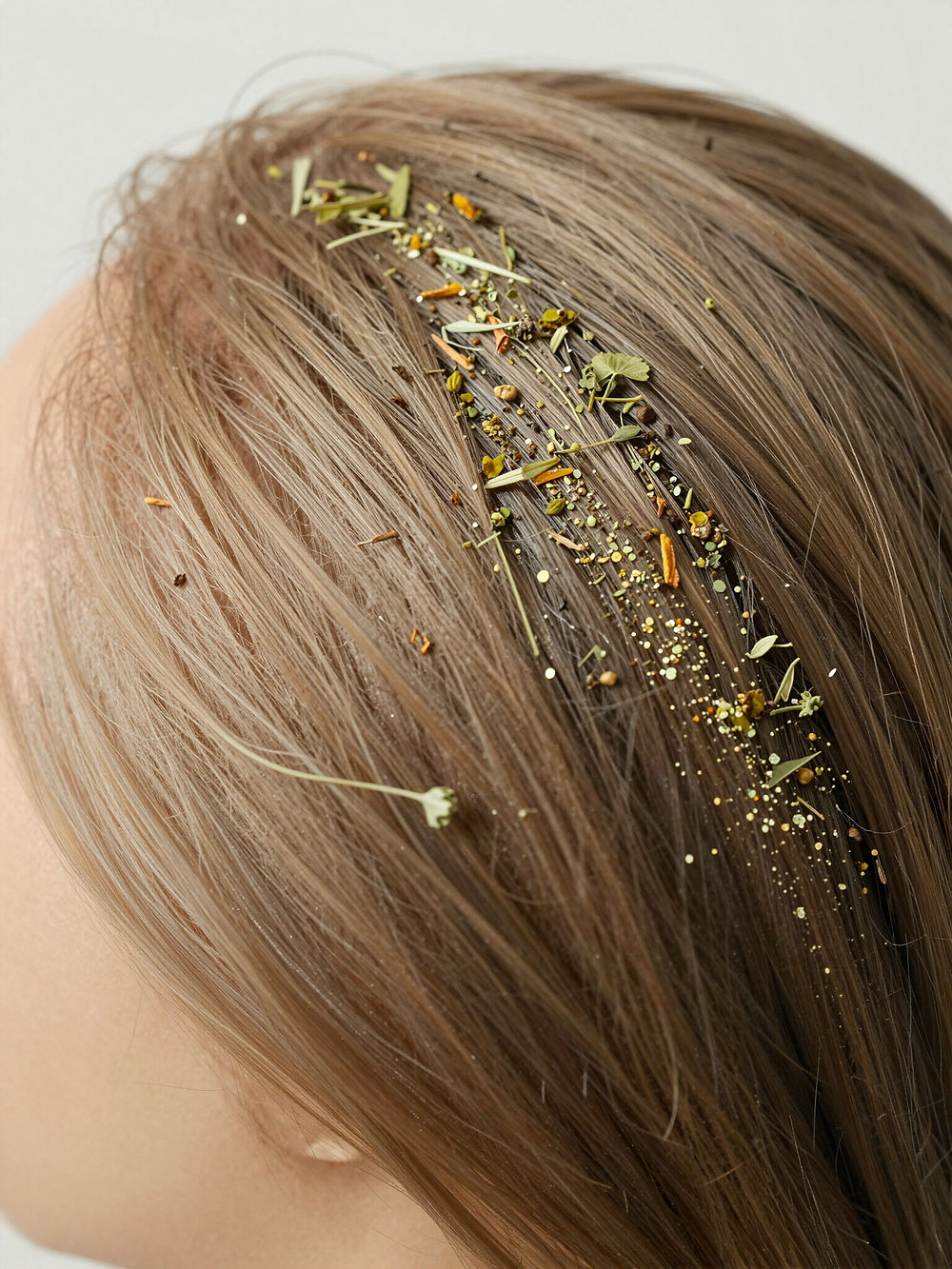 Brown hair with dried natural herbs and spices sprinkled on scalp.
