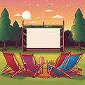 Outdoor movie theatre with projector screen and seating