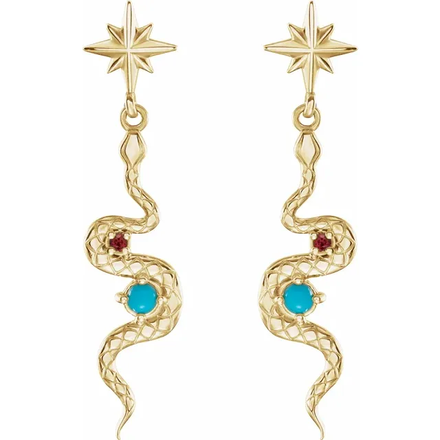 Snake dangle earrings with natural turquoise and ruby