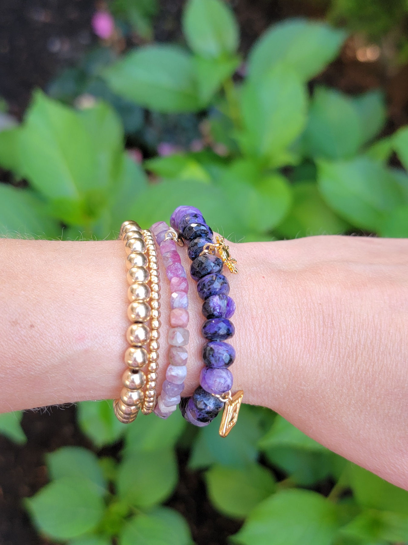 Faceted Charoite Stretch Bracelet with Gold Charms