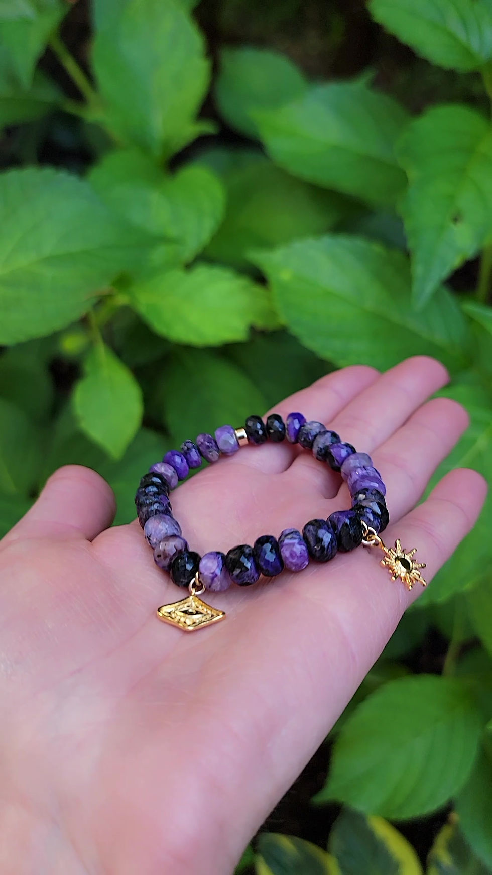 Thumbnail: Faceted Charoite Stretch Bracelet with Gold Charms