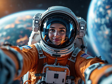 An astronaut captures a breathtaking selfie in space, with the Earth and distant celestial bodies beautifully visible in the background.