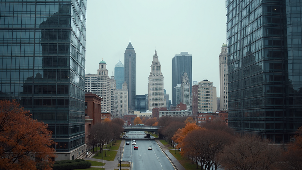 Eye-level view of Philadelphia city skyline with modern buildings