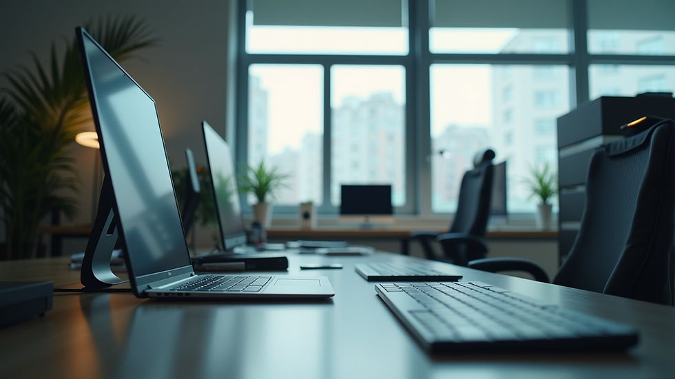 Eye-level view of a modern office workspace with digital devices