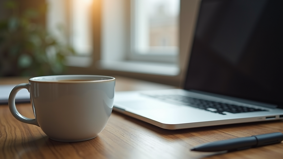 Eye-level view of a workspace with a laptop and coffee cup