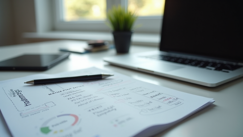 Close-up of a desk with marketing strategy notes and a laptop
