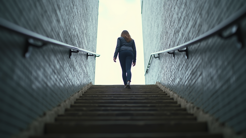 Eye-level view of a person climbing stairs symbolizing growth