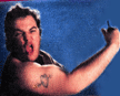Bennie the Crusher flexes his muscles. Bennie has a sister named Ruby the Crusher.