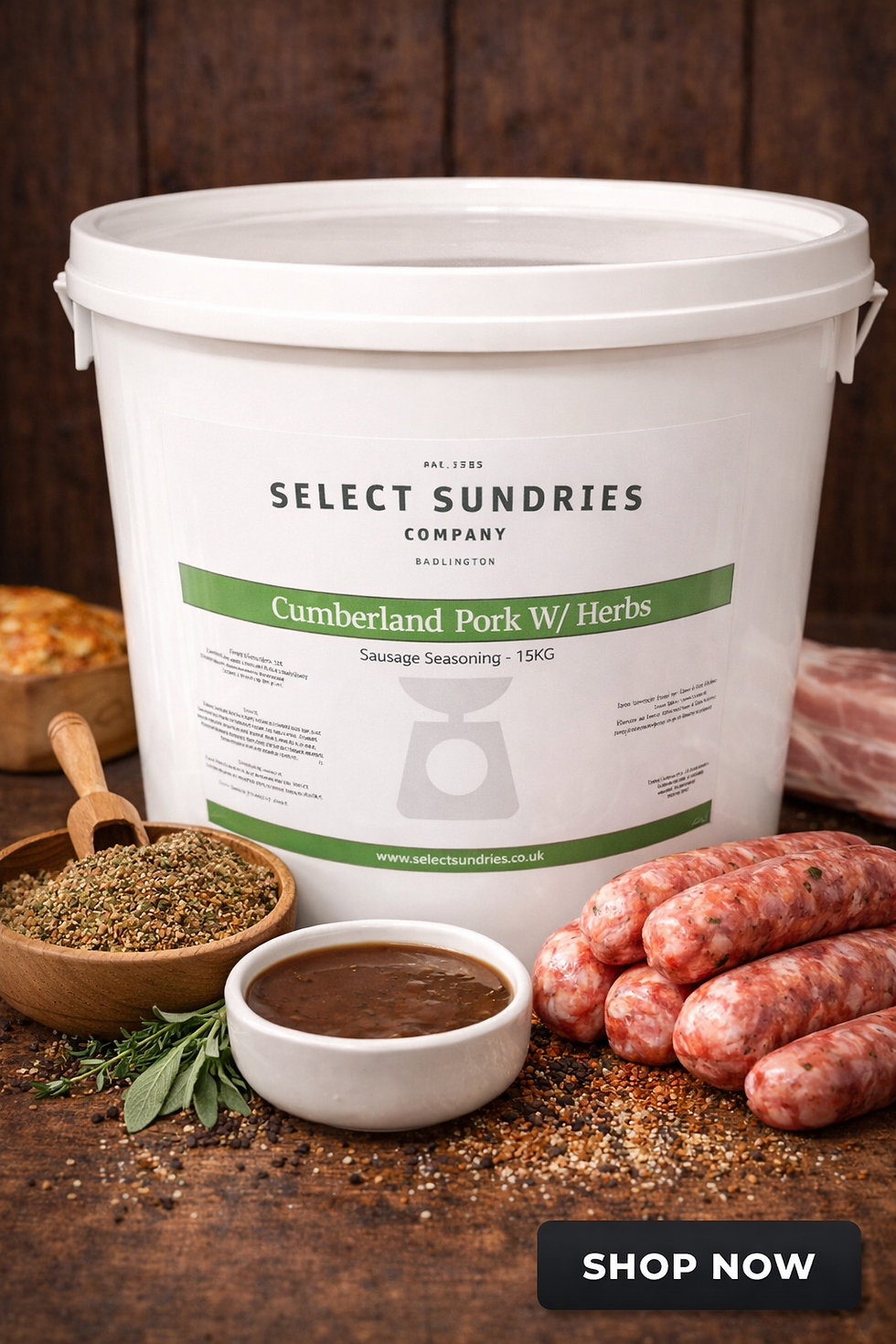 Cumberland pork sausage seasoning with herbs tub for traditional sausage production
