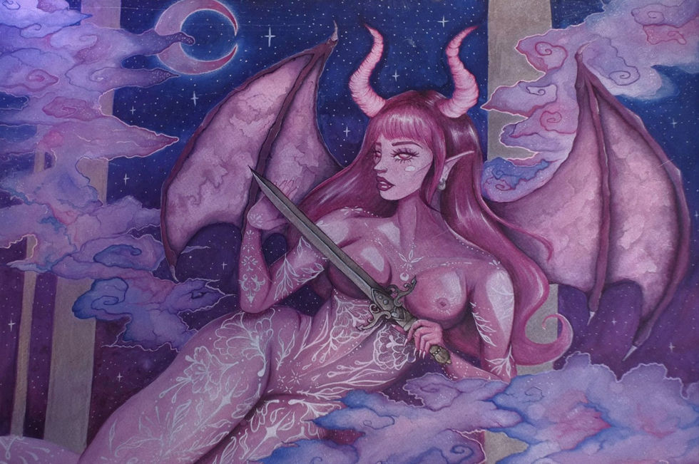 Seductive horned demoness reclining among pastel clouds under a crescent moon, body adorned with white floral tattoos.