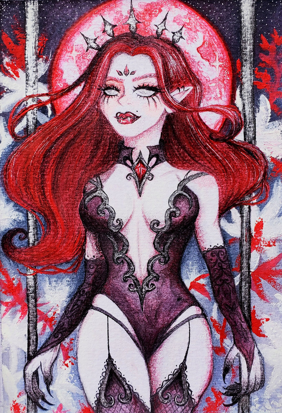 Watercolor Portrait of a Seductive Vampire Lady with Red Hair by ART BY VIE