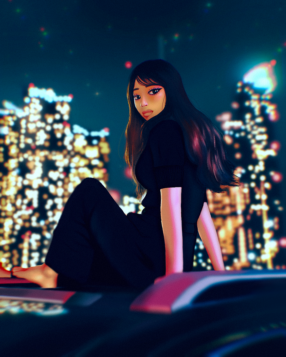 Digital Art of a Girl Sitting on Top of a Car with Blue-Toned Cityscape and Neon Lights in the Background by ART BY VIE