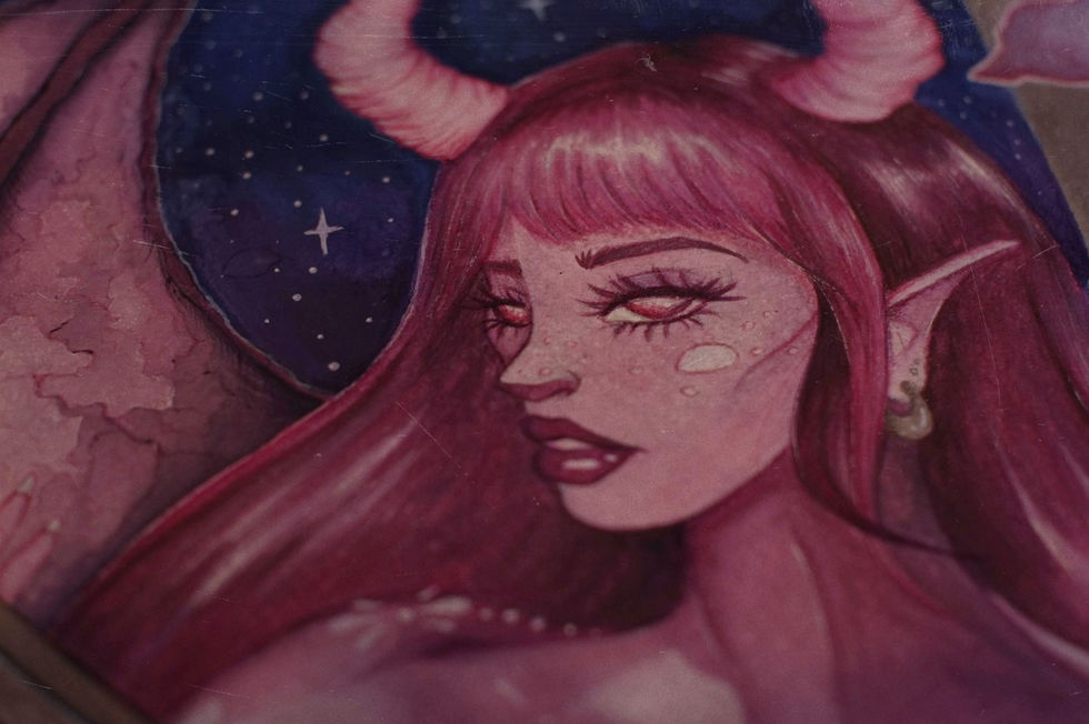 Close up of a horned celestial woman with long pink hair among pastel clouds and crescent moon.
