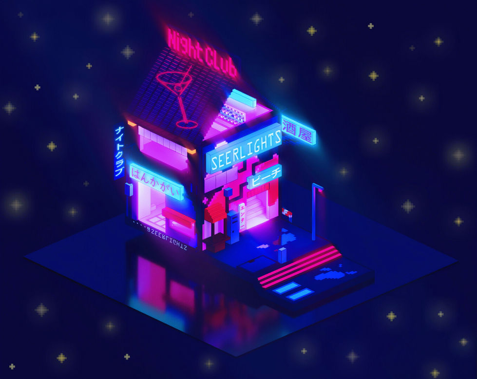 3D Voxel Art Nightclub Neon Blue and Pink Tones by ART BY VIE