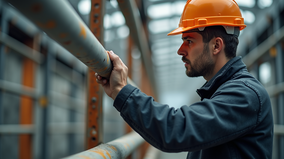 Close-up view of construction worker inspecting steel beams