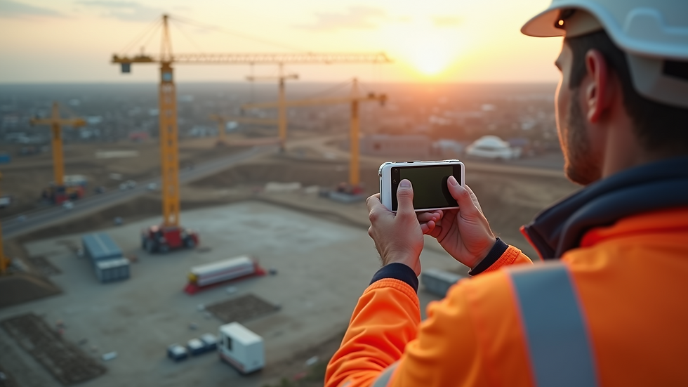 High angle view of a drone surveying a large construction site