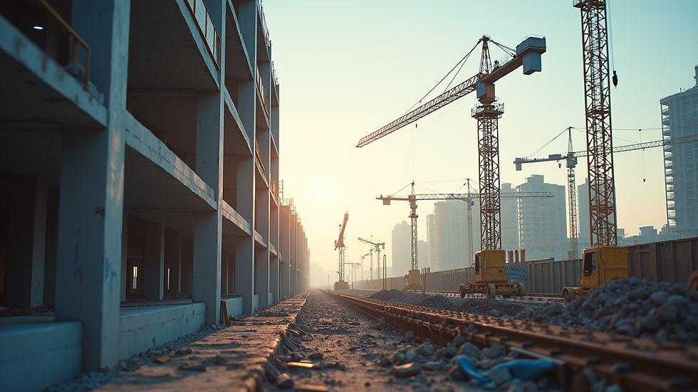 Eye-level view of construction site with cranes and building framework