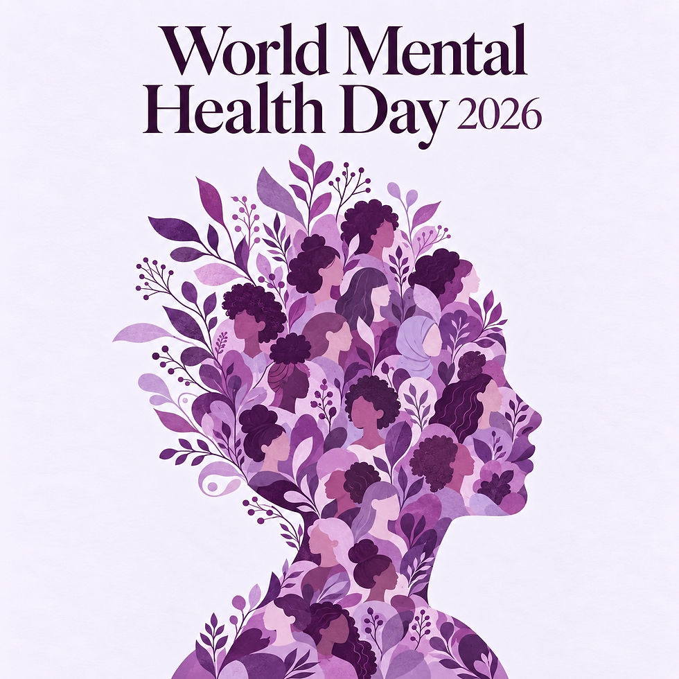 World Mental Health Day 2026 poster with purple collage of diverse women’s faces and leaves forming a profile woman silhouette.