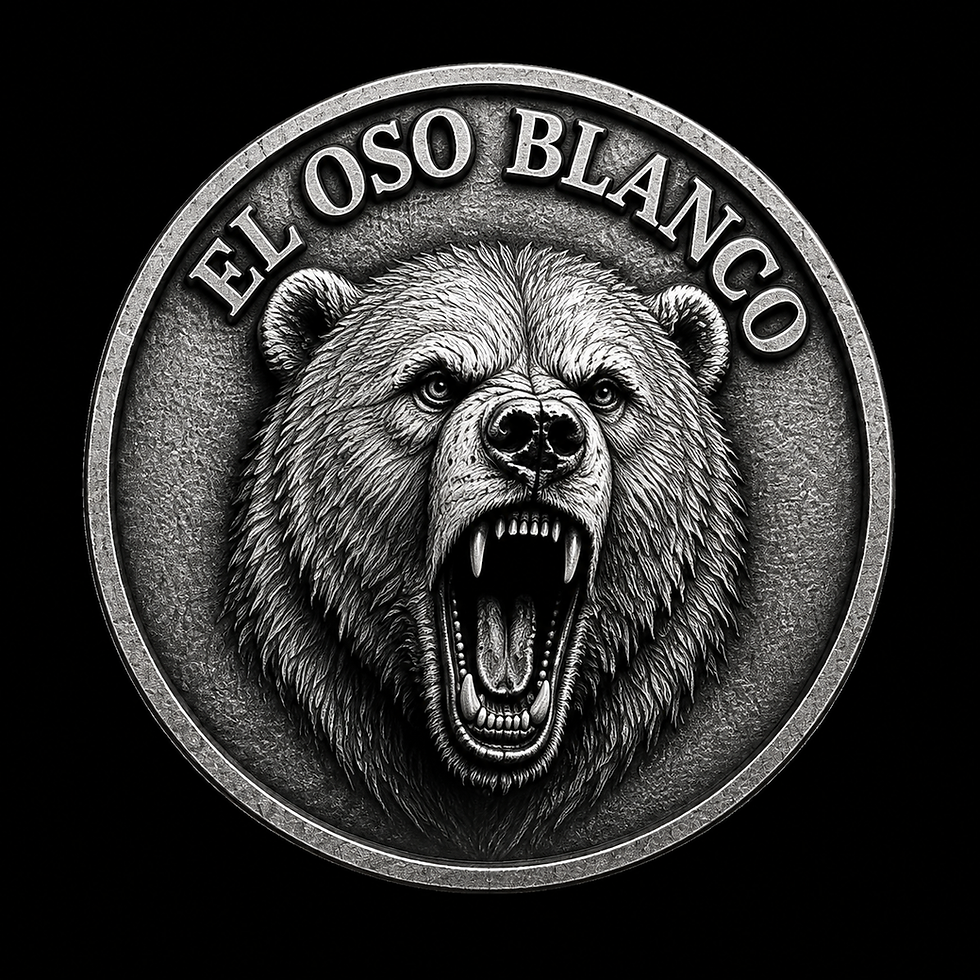 El Oso Blanco challenge coin, roaring bear in silver, square 1:1.