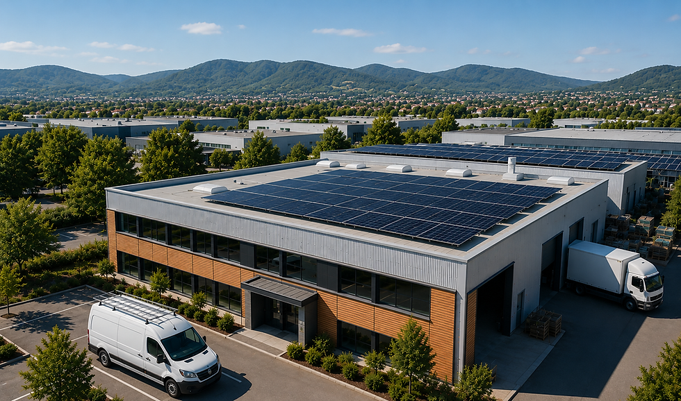 Bâtiment d'entreprise avec panneaux solaires et vans
