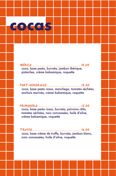 Menu Cocas: Mexicana, Pont-Vendrèse, Primavera, Truffe