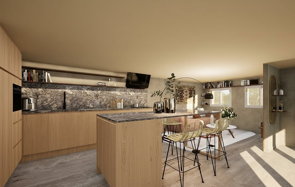 Cuisine moderne en bois avec îlot et chaises hautes.