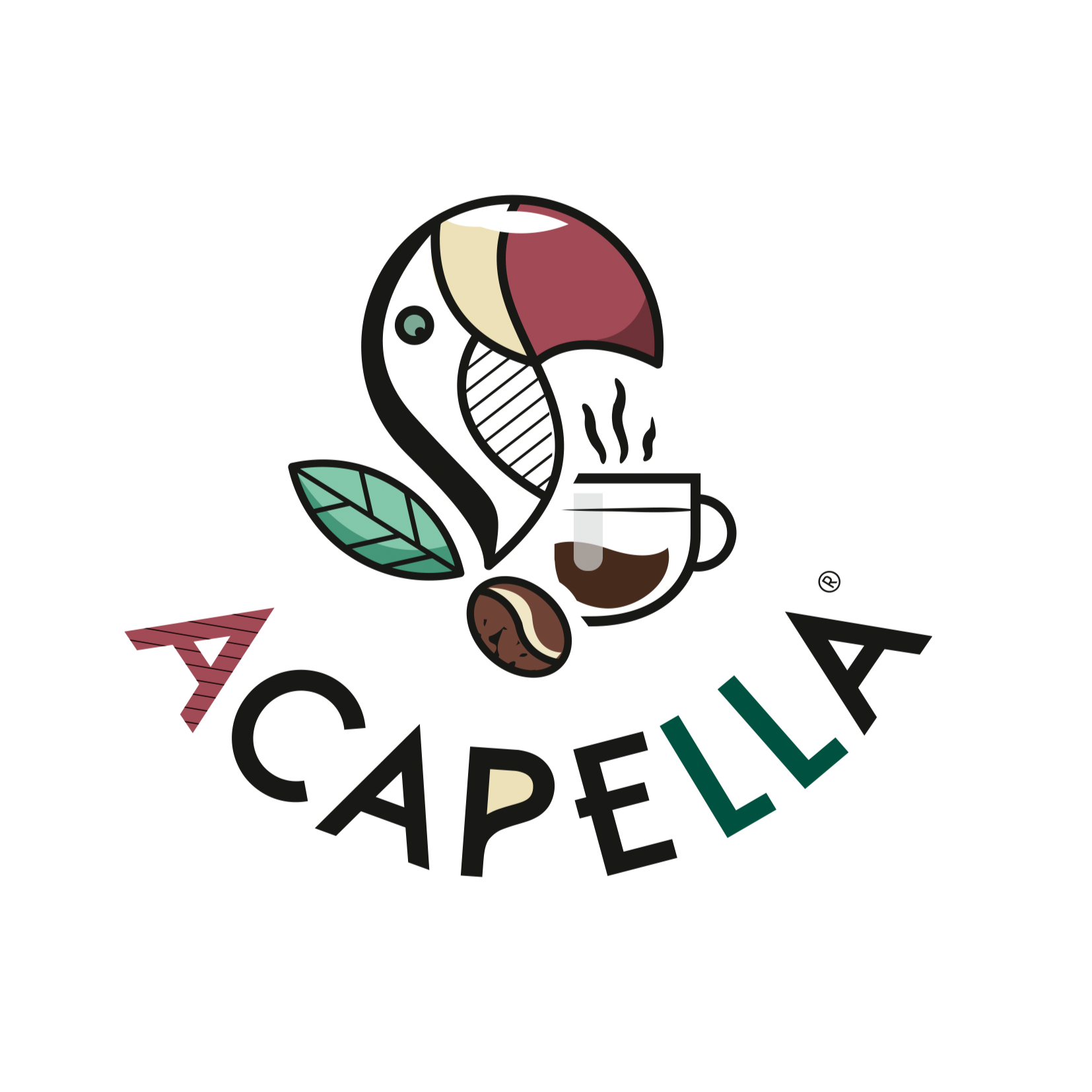 Logo Acapella avec un toucan, un grain et une tasse de café