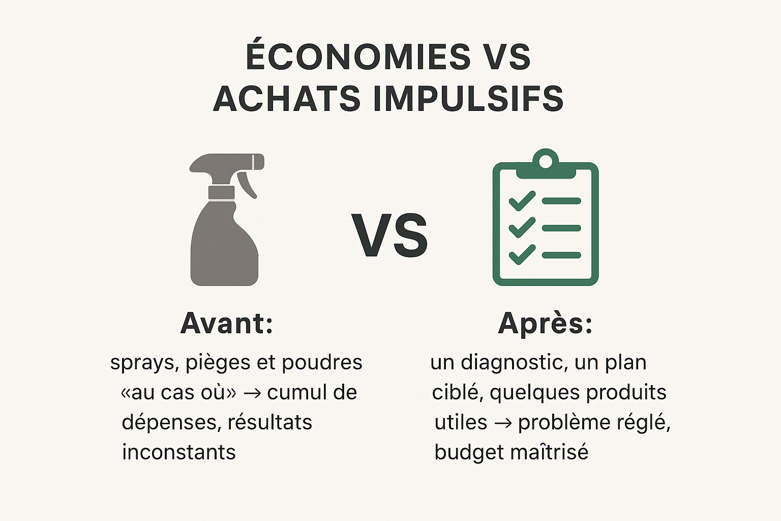 Comparaison : Économies vs Achats impulsifs avec texte Avant et Après, budget maîtrisé.