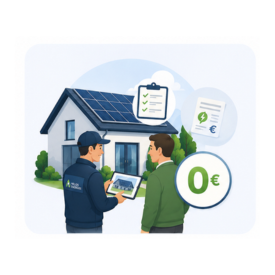 Technicien et client devant maison, panneaux solaires, offre 0€