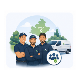 Techniciens en uniforme, carte PACA et fourgon