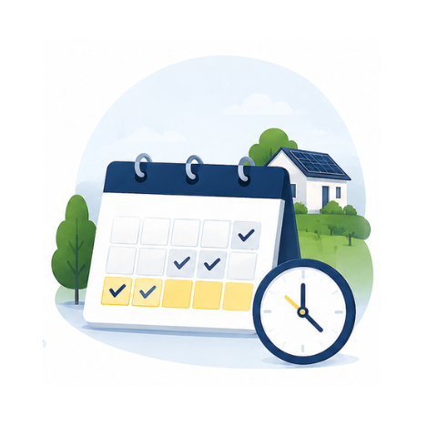 Calendrier, horloge et maison avec jours planifiés
