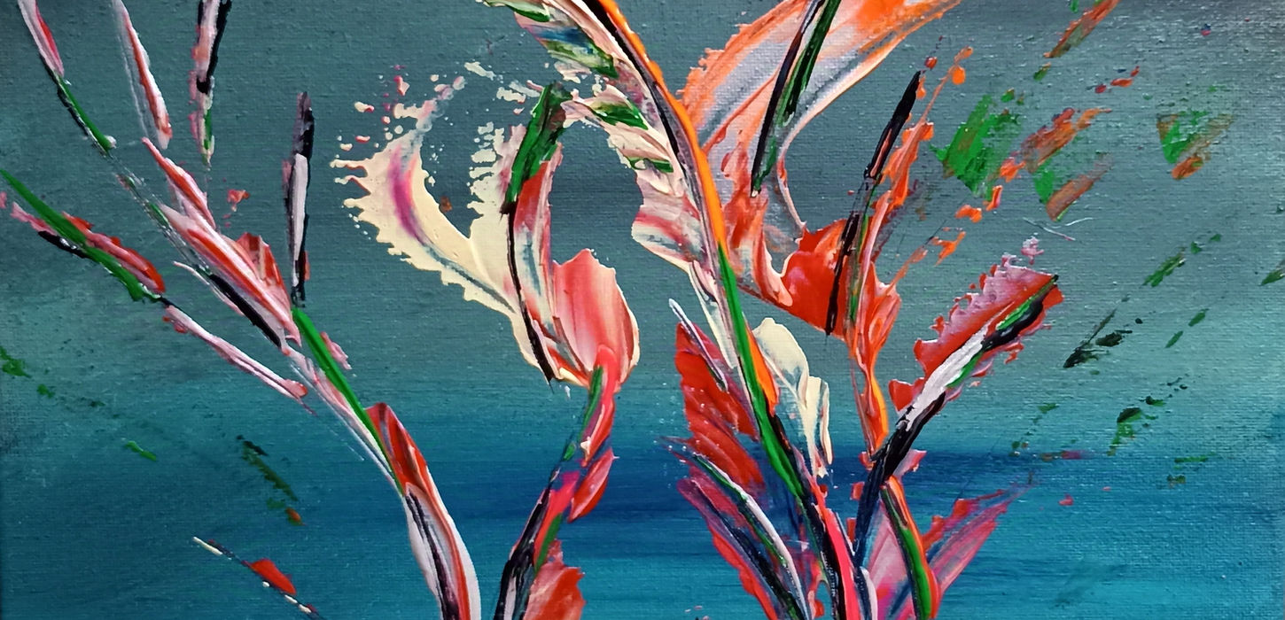 Abstract painting with vibrant colors representing flowers on a blue background