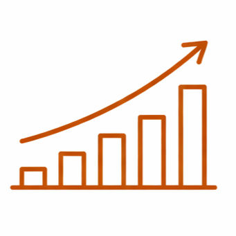 Orange outline bar chart showing an increasing trend with an upward arrow.
