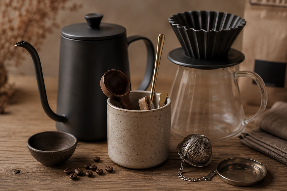 Équipement pour café bio Toulouse : verseuse, filtre et grains.