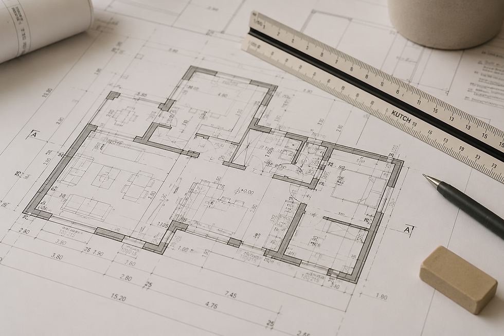 Plan d'architecte détaillé avec règle et stylo.