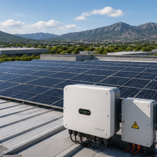 Panneaux solaires et onduleurs sur un toit avec montagnes.