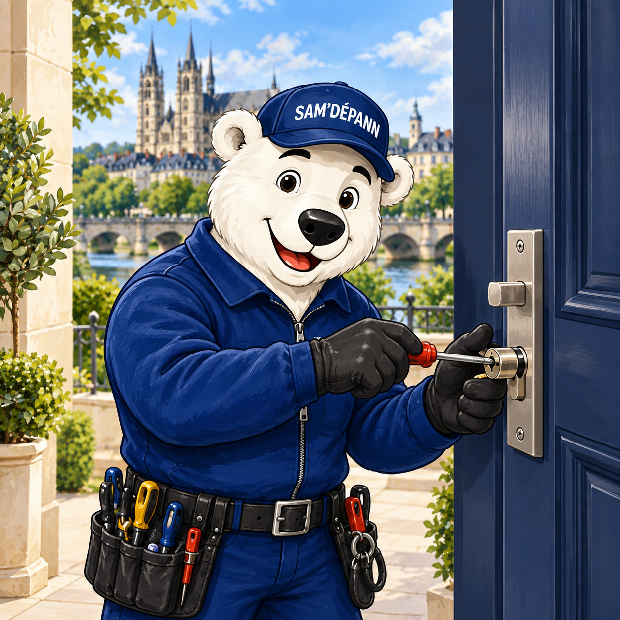 Serrurier tours : ours Sam'Dépann réparant une serrure