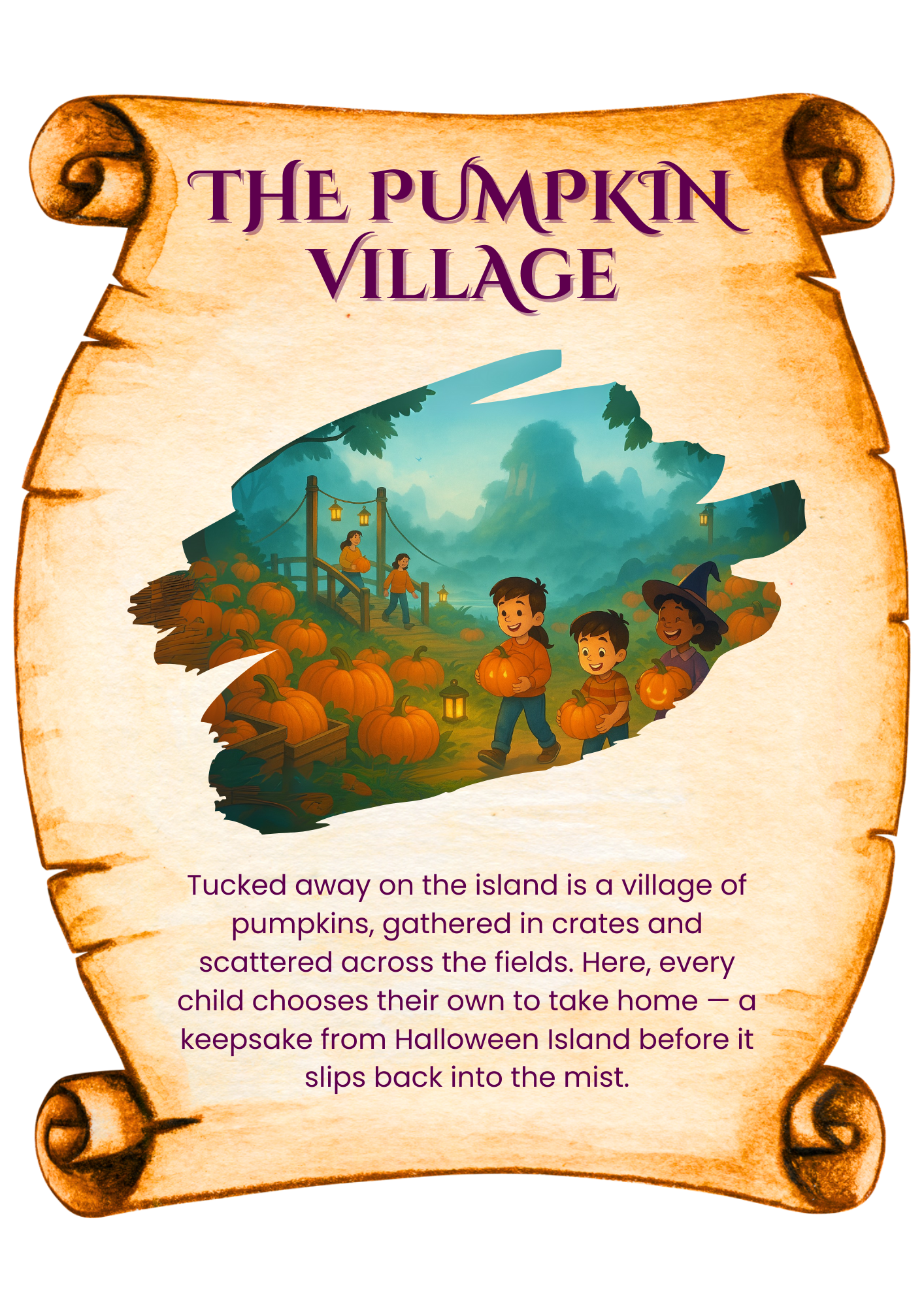 Tucked away on the island is a village of pumpkins, gathered in crates and scattered across the fields. Here, every child chooses their own to take home — a keepsake from Halloween Island before it slips back into the mist.