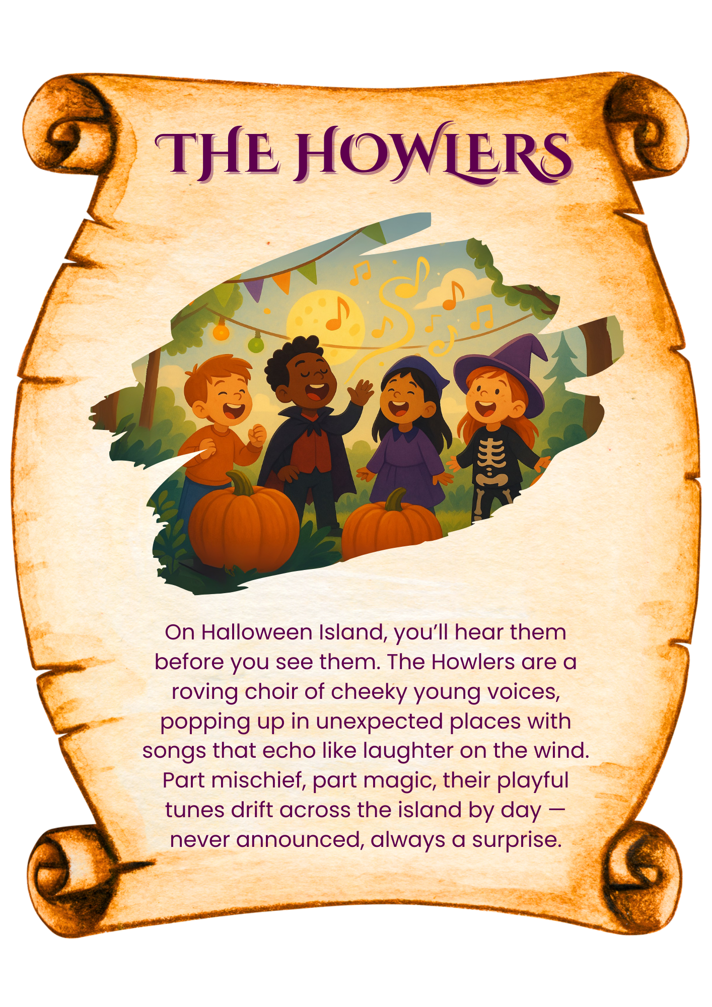 On Halloween Island, you’ll hear them before you see them. The Howlers are a roving choir of cheeky young voices, popping up in unexpected places with songs that echo like laughter on the wind. Part mischief, part magic, their playful tunes drift across the island by day — never announced, always a surprise.