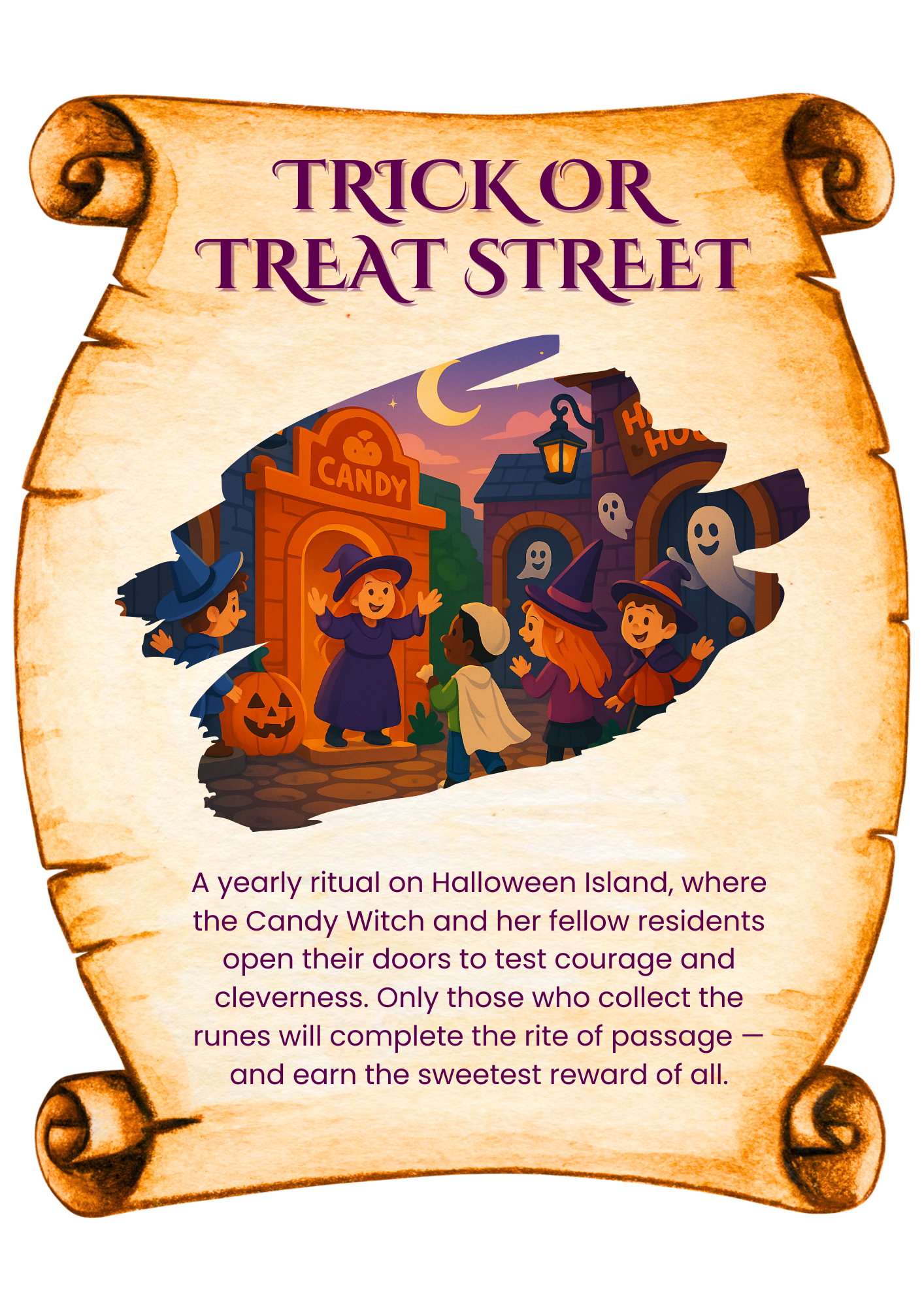 A yearly ritual on Halloween Island, where the Candy Witch and her fellow residents open their doors to test courage and cleverness. Only those who collect the runes will complete the rite of passage — and earn the sweetest reward of all.
